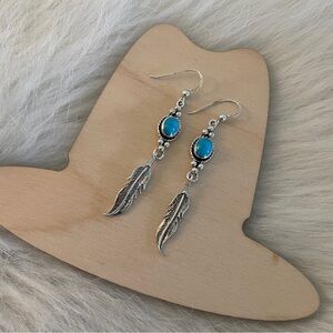 Vintage Turquoise And Sterling Silver Feather Dangle Earrings Stamped